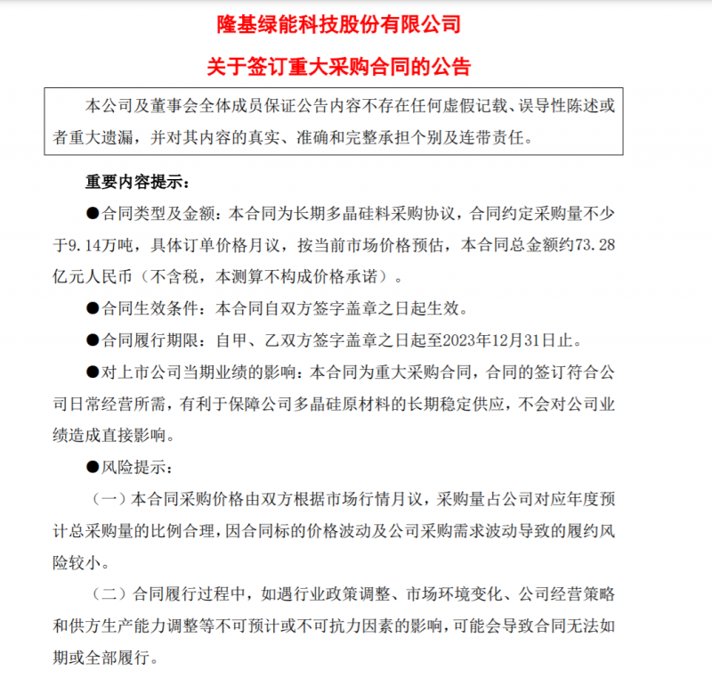 9.14萬噸！隆基協鑫簽訂多晶硅料三年長單，總金額73.28億元