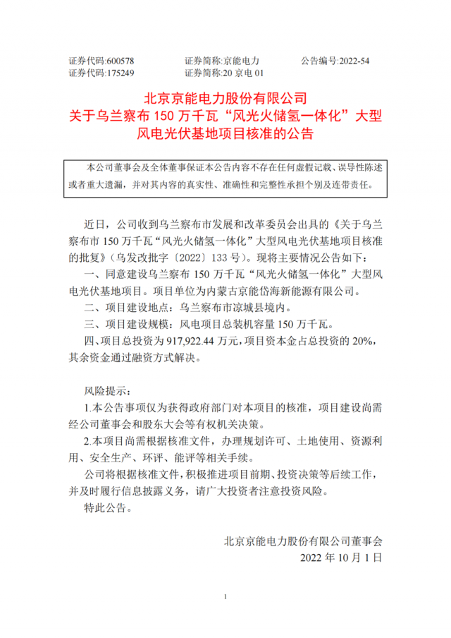 京能電力150萬千瓦“風光火儲氫”基地獲批！
