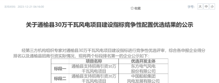 中船風電、東方風電獲風電項目競配指標